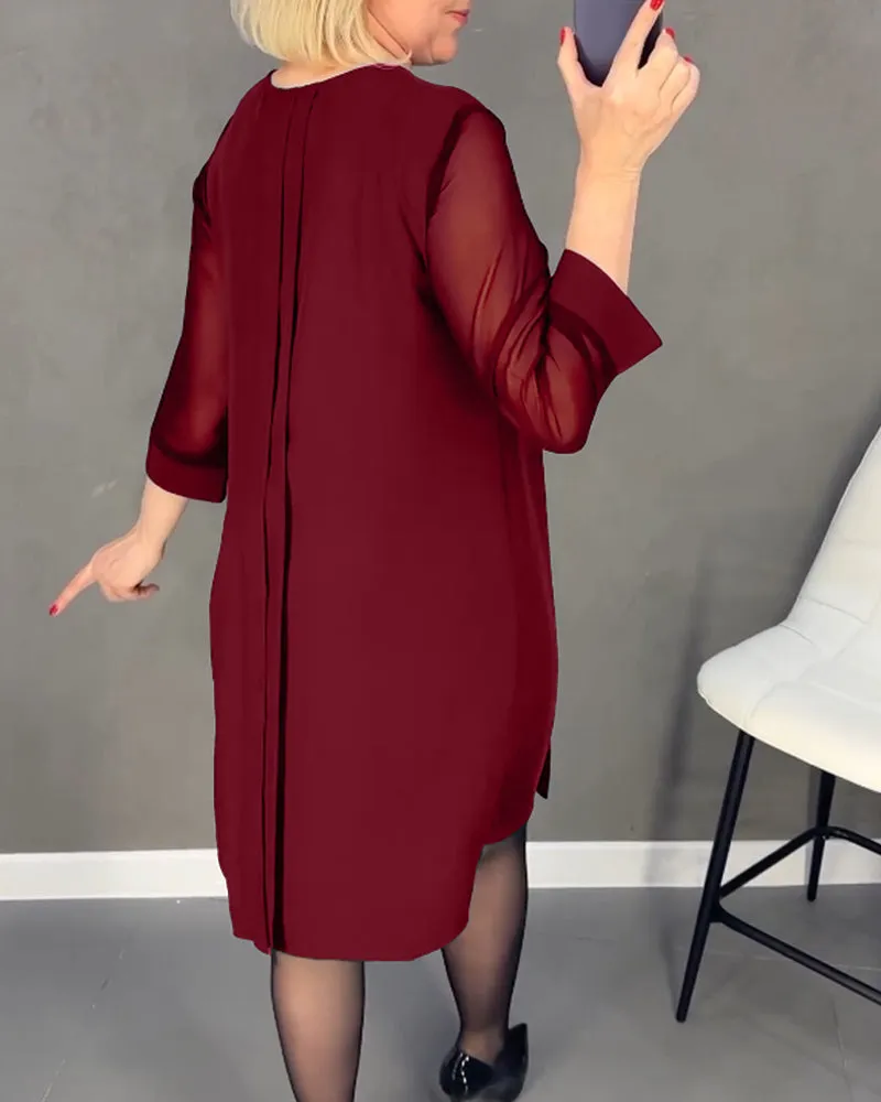 Pleated patchwork mesh solid color dress