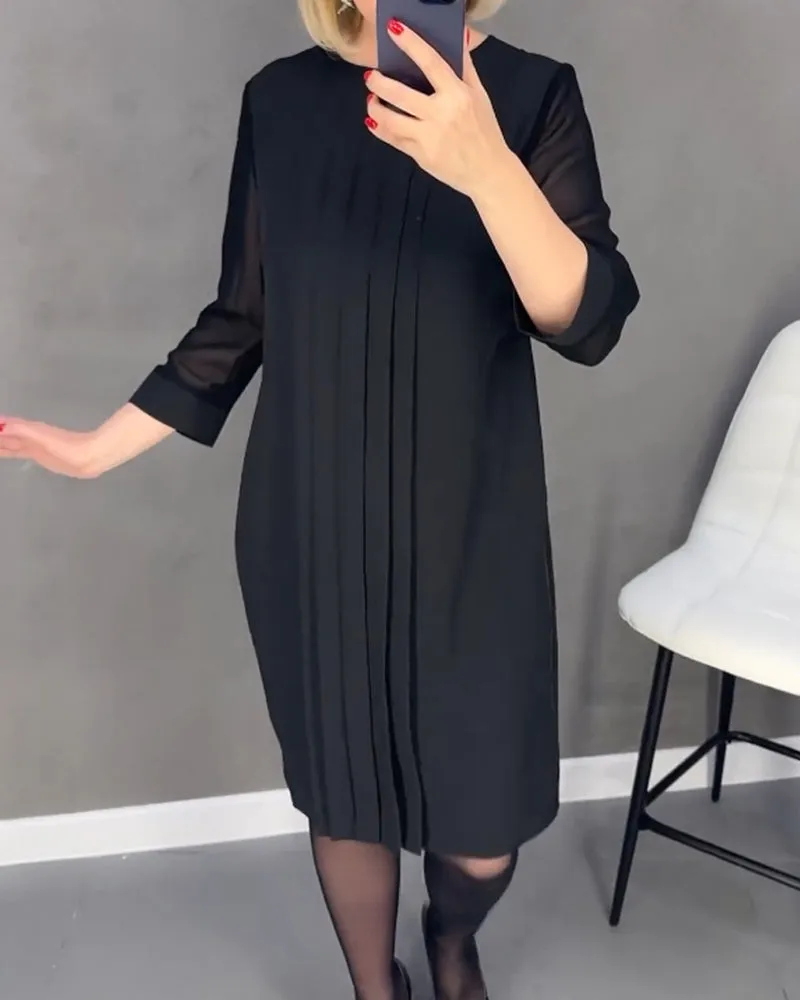 Pleated patchwork mesh solid color dress