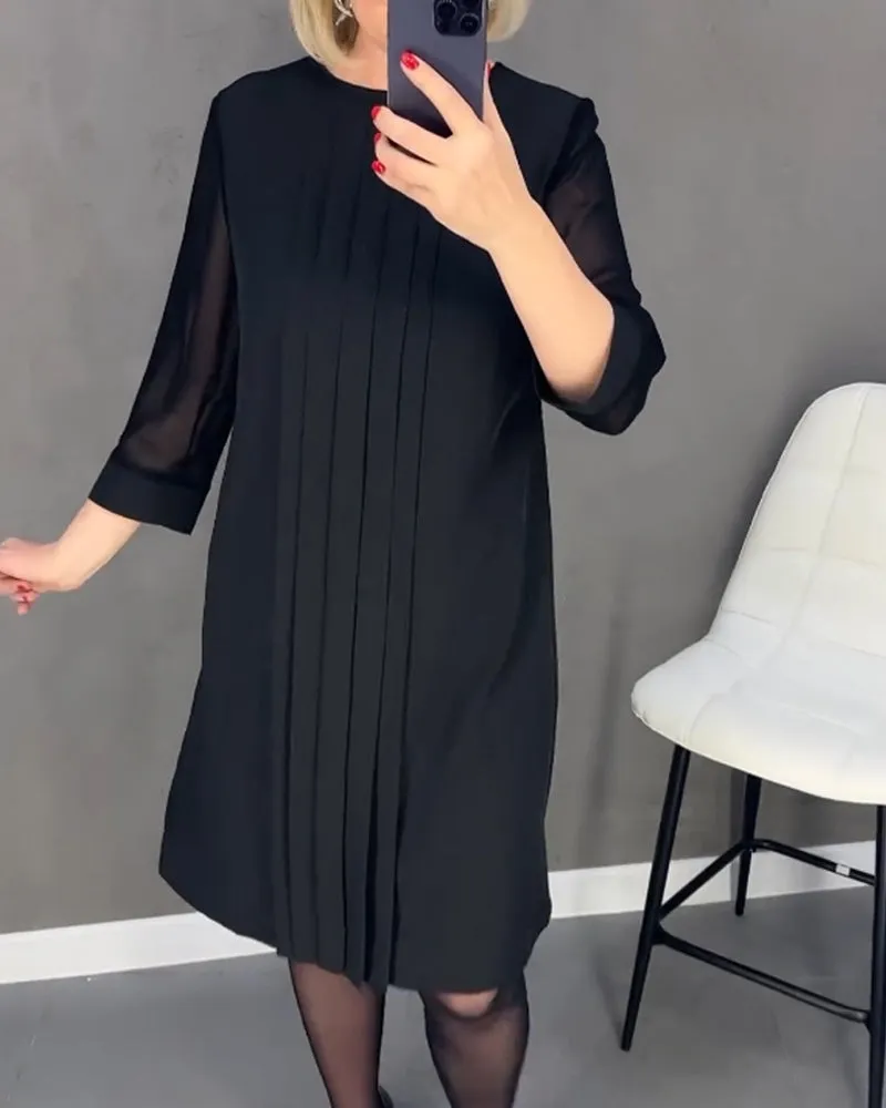 Pleated patchwork mesh solid color dress