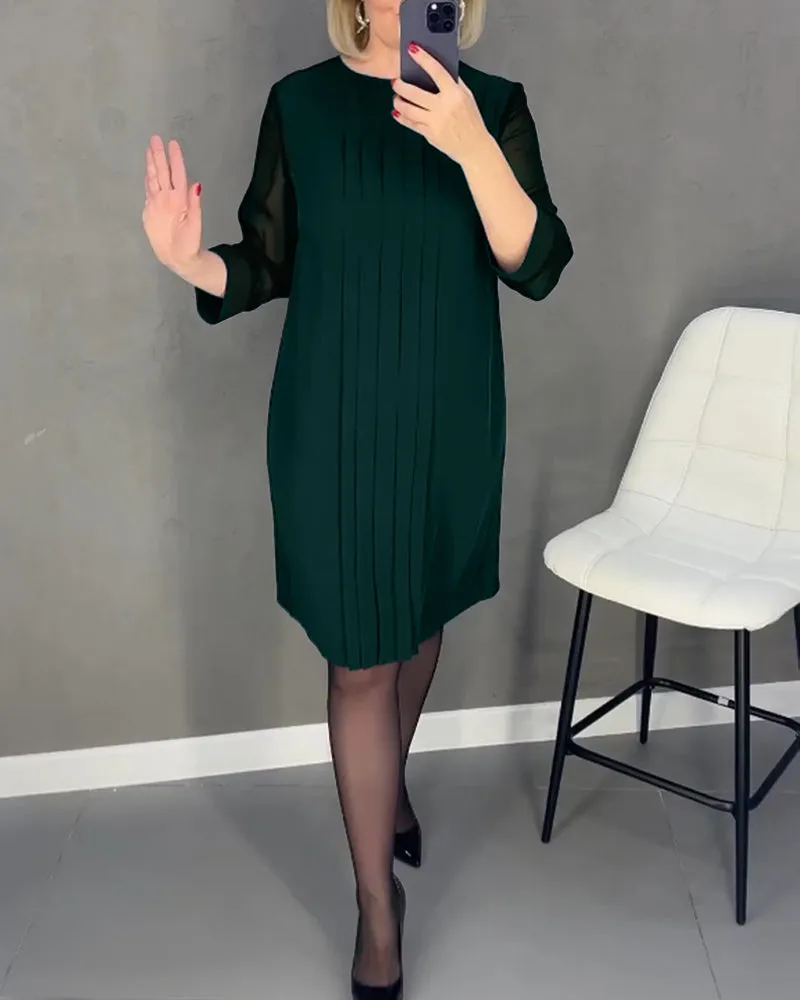 Pleated patchwork mesh solid color dress