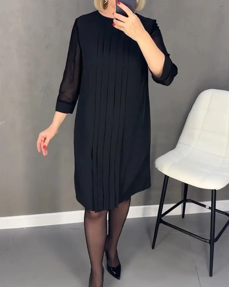 Pleated patchwork mesh solid color dress