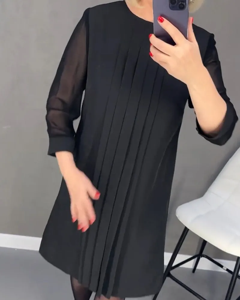 Pleated patchwork mesh solid color dress