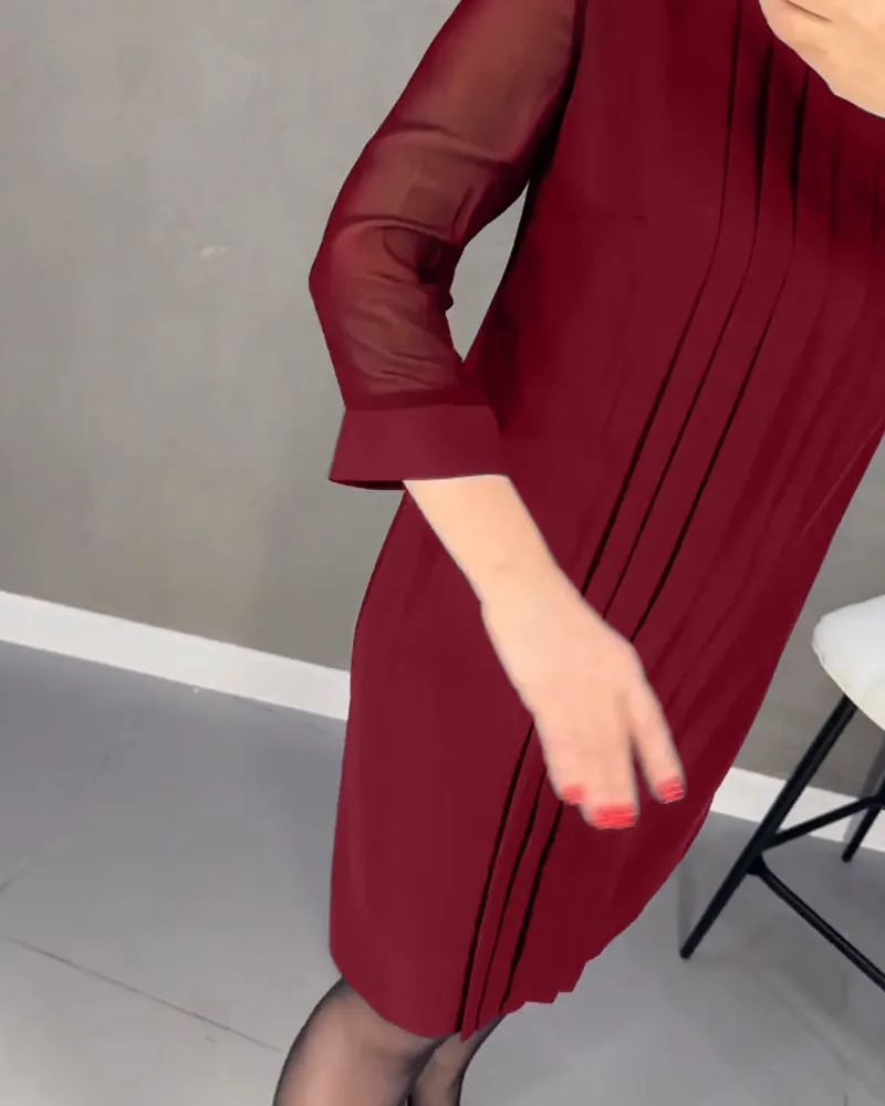 Pleated patchwork mesh solid color dress