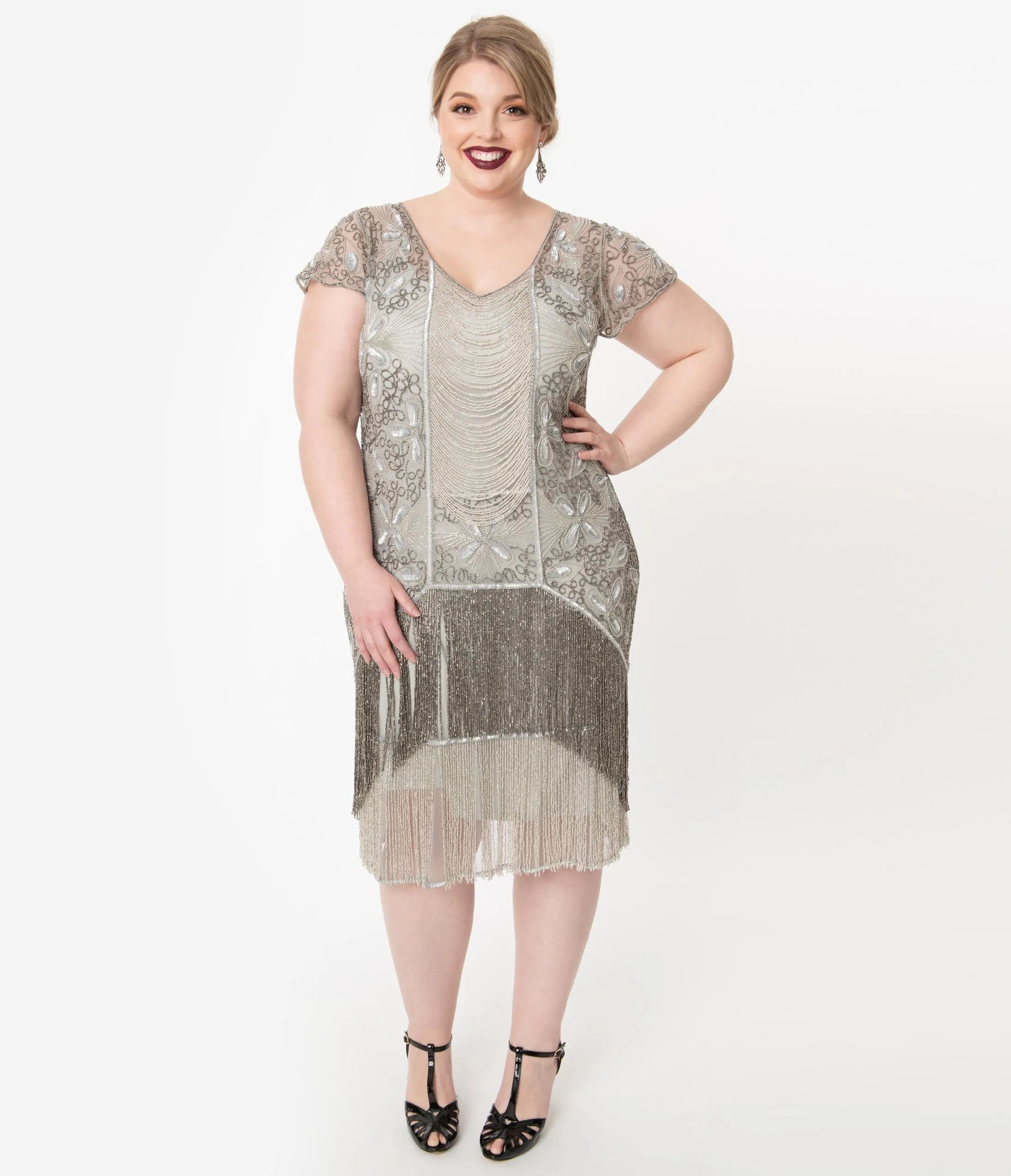 Plus Size 1920s Style Silver Beaded Edith Flapper Dress