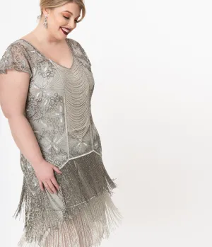 Plus Size 1920s Style Silver Beaded Edith Flapper Dress