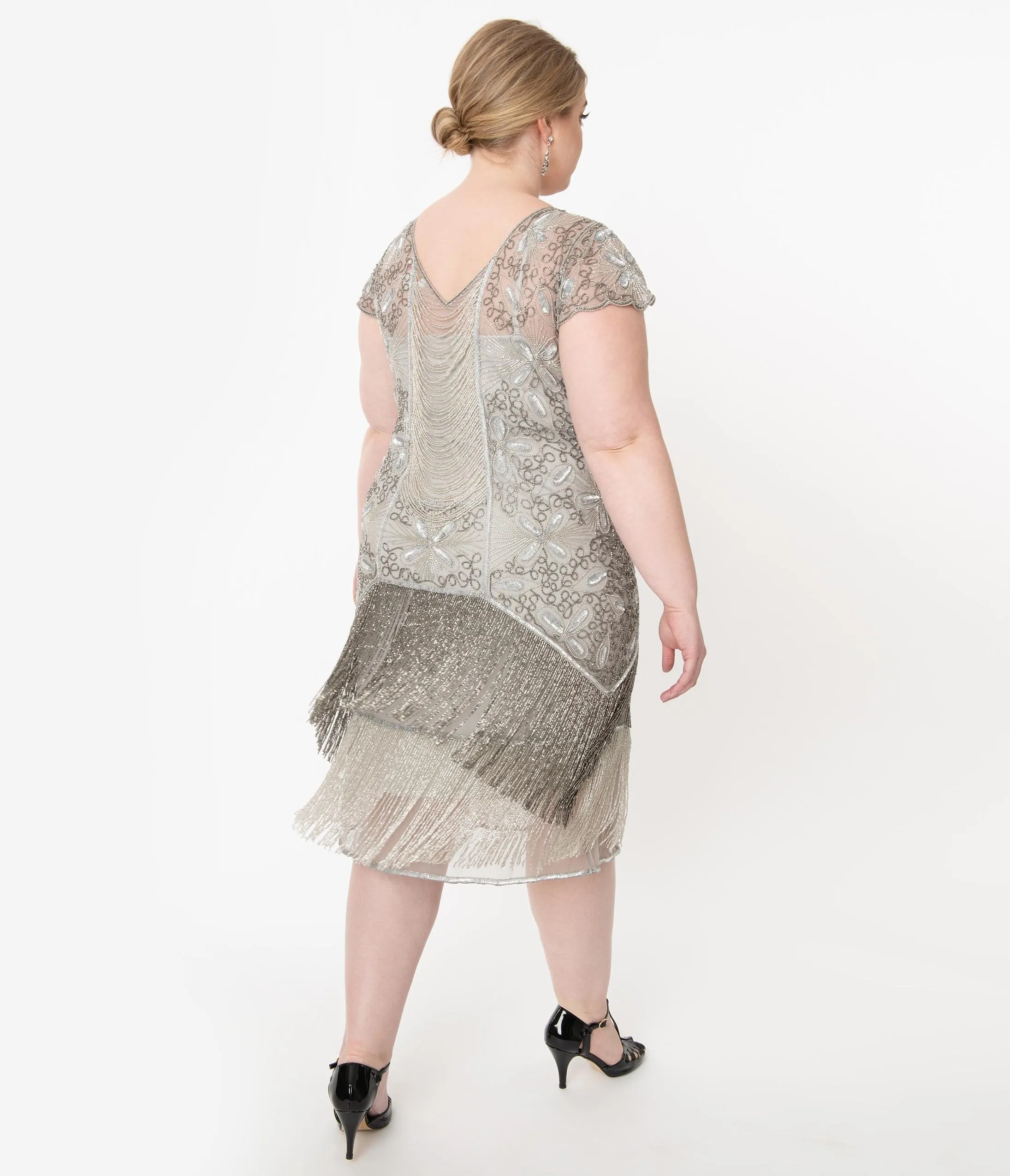 Plus Size 1920s Style Silver Beaded Edith Flapper Dress