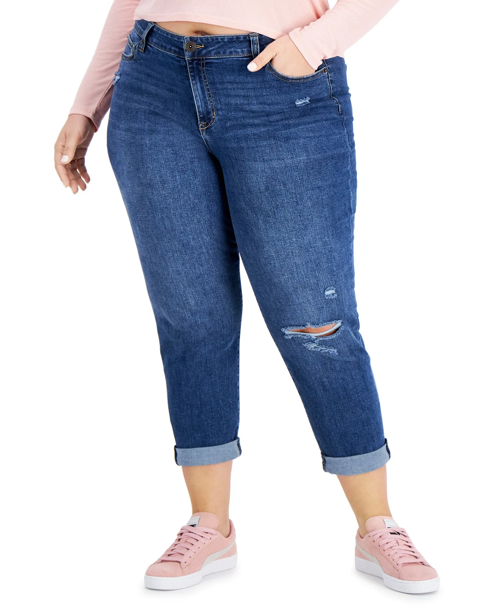 Plus Trendy Ripped Girlfriend Jeans