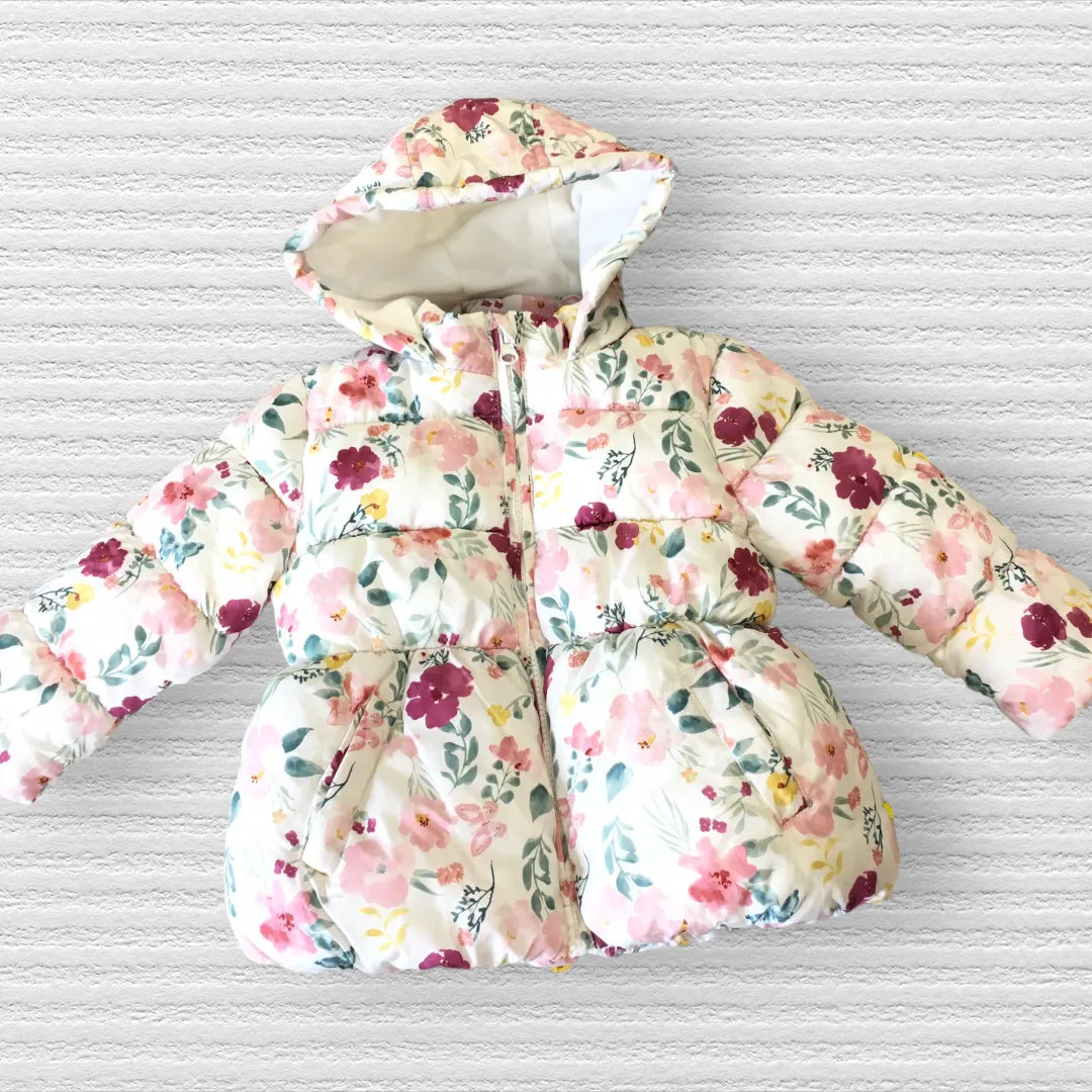 Primark Cream Floral Print Hooded Quilted Coat - Girls 12-18m
