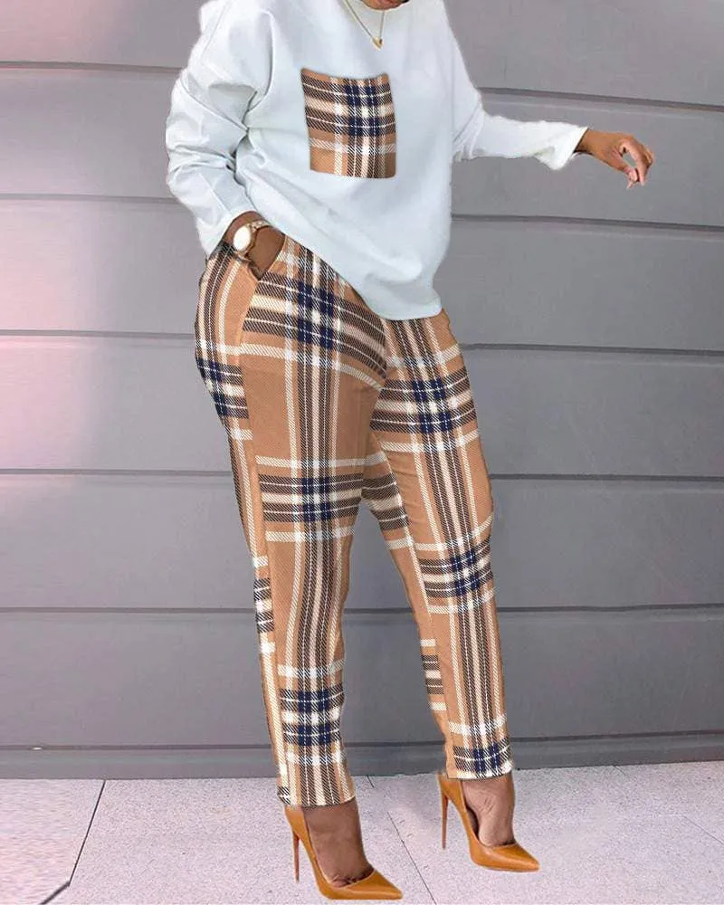 Print long sleeve top pocket design pants set
