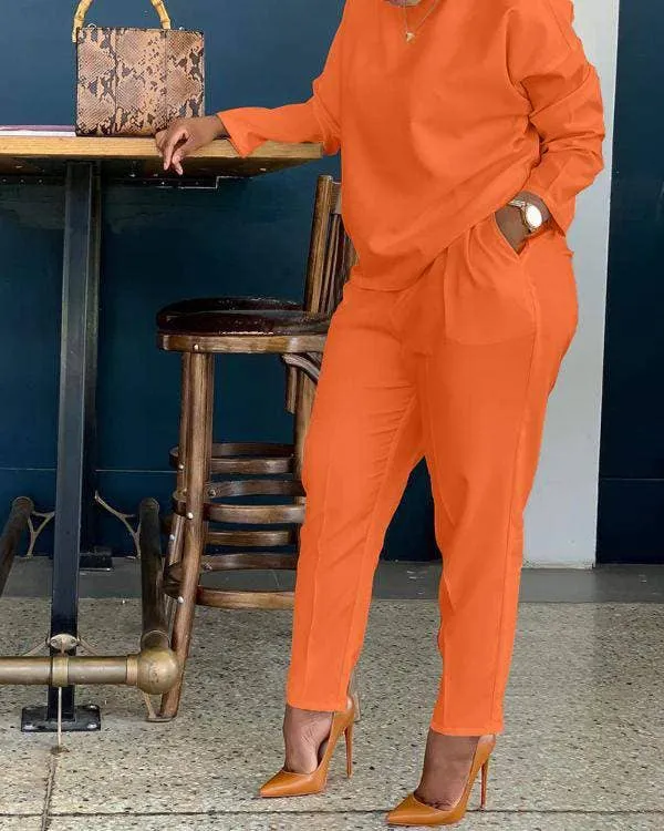 Print long sleeve top pocket design pants set