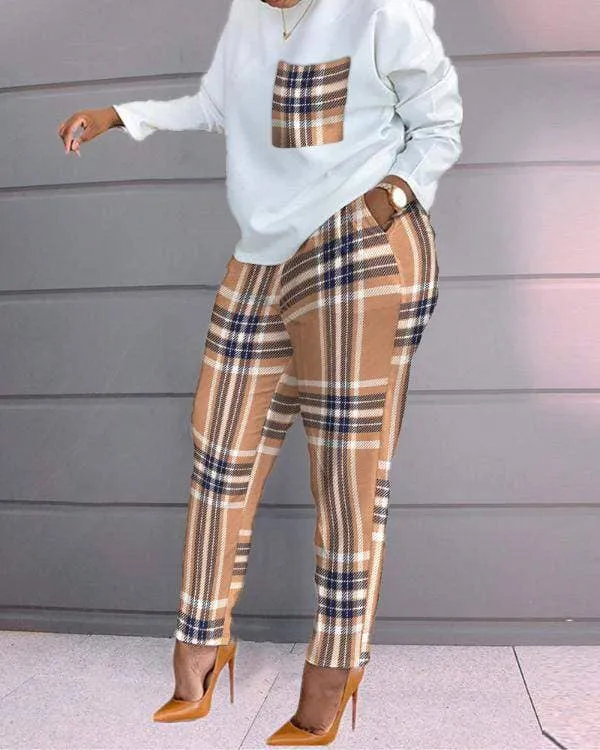 Print long sleeve top pocket design pants set