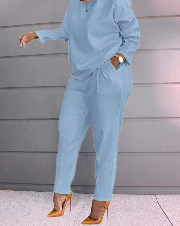 Print long sleeve top pocket design pants set