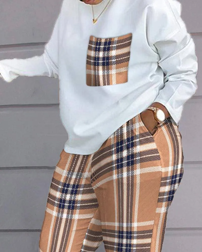 Print long sleeve top pocket design pants set