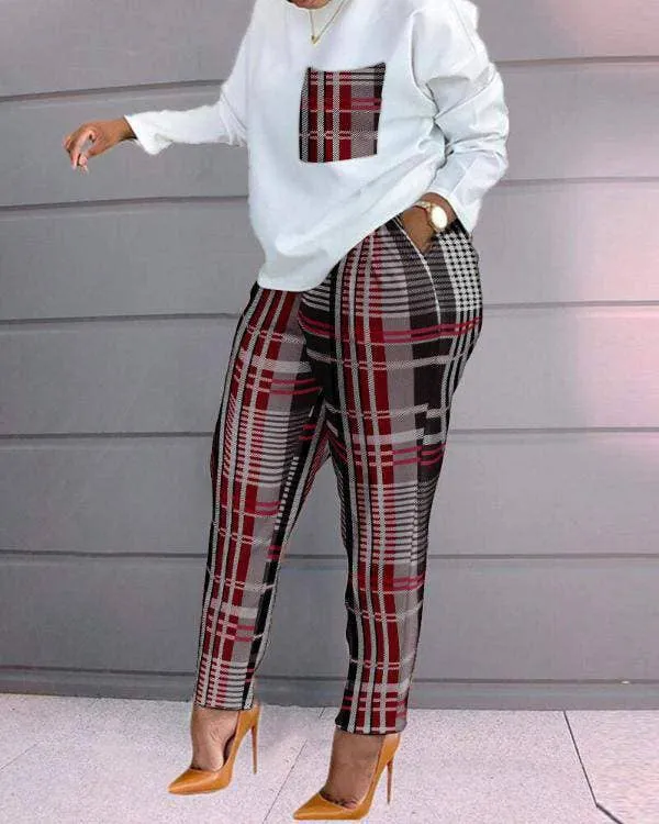 Print long sleeve top pocket design pants set