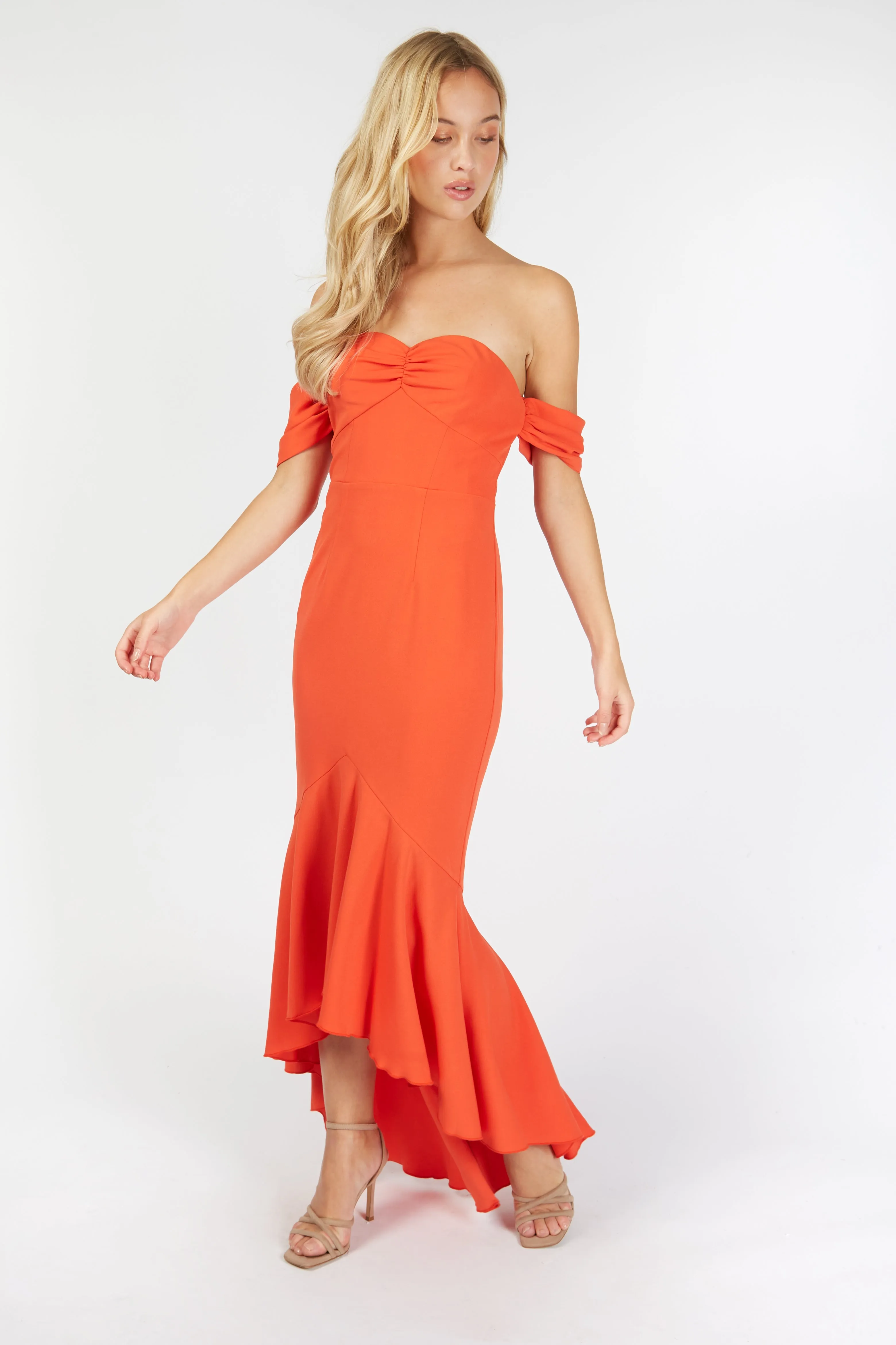 Rosa Red Bardot Fishtail Maxi Dress
