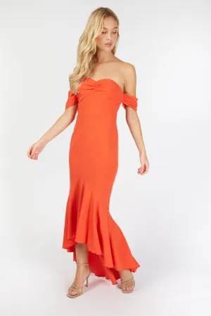Rosa Red Bardot Fishtail Maxi Dress
