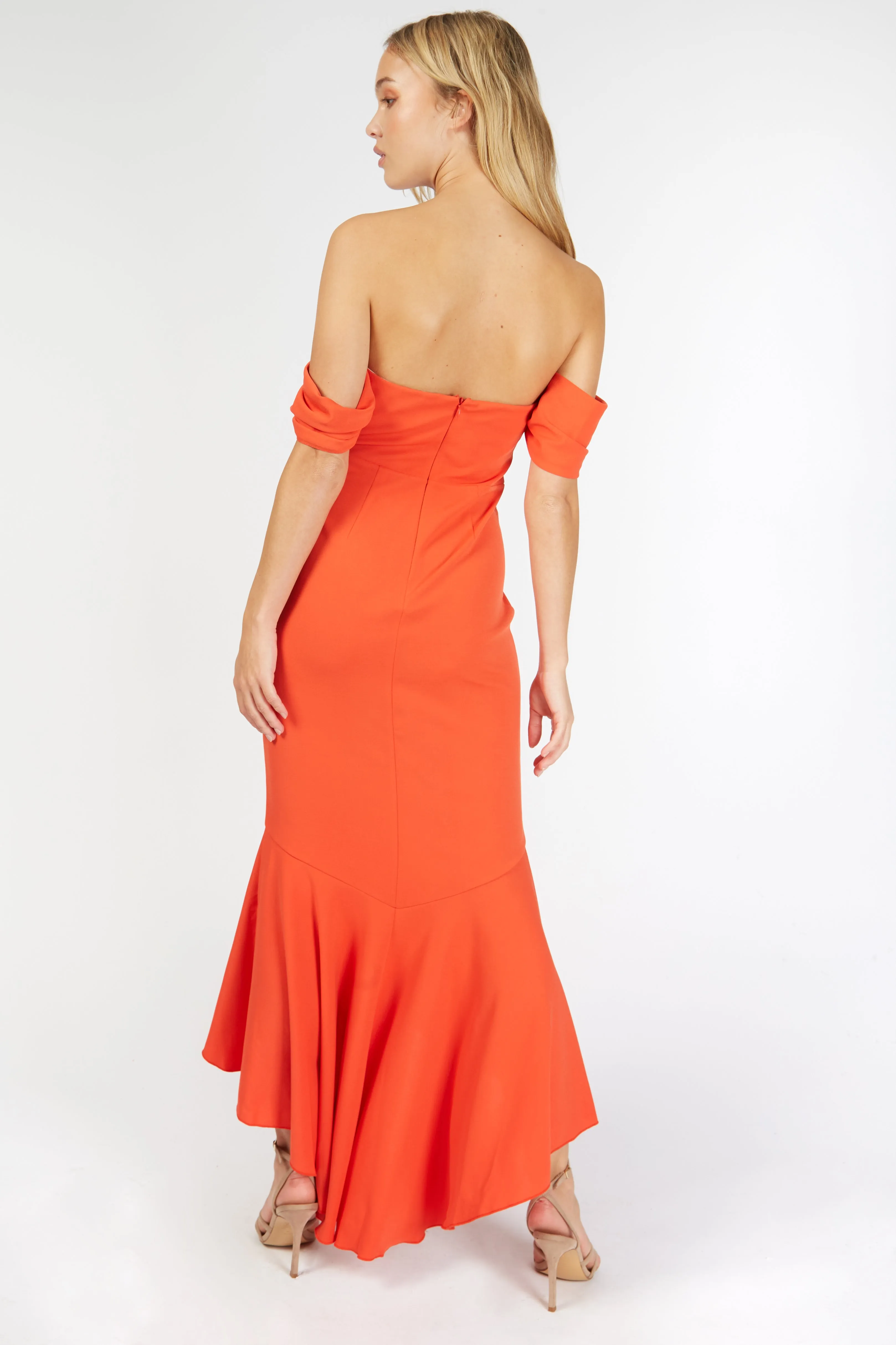 Rosa Red Bardot Fishtail Maxi Dress