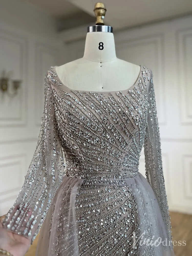 Silver Beaded Removable Overskirt Prom Dresses Mermaid Long Sleeve Pageant Dress 20229