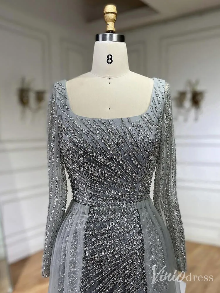 Silver Beaded Removable Overskirt Prom Dresses Mermaid Long Sleeve Pageant Dress 20229