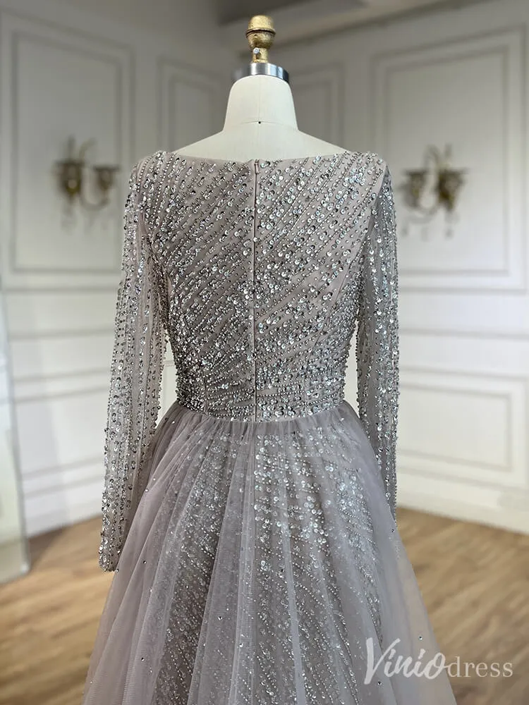 Silver Beaded Removable Overskirt Prom Dresses Mermaid Long Sleeve Pageant Dress 20229