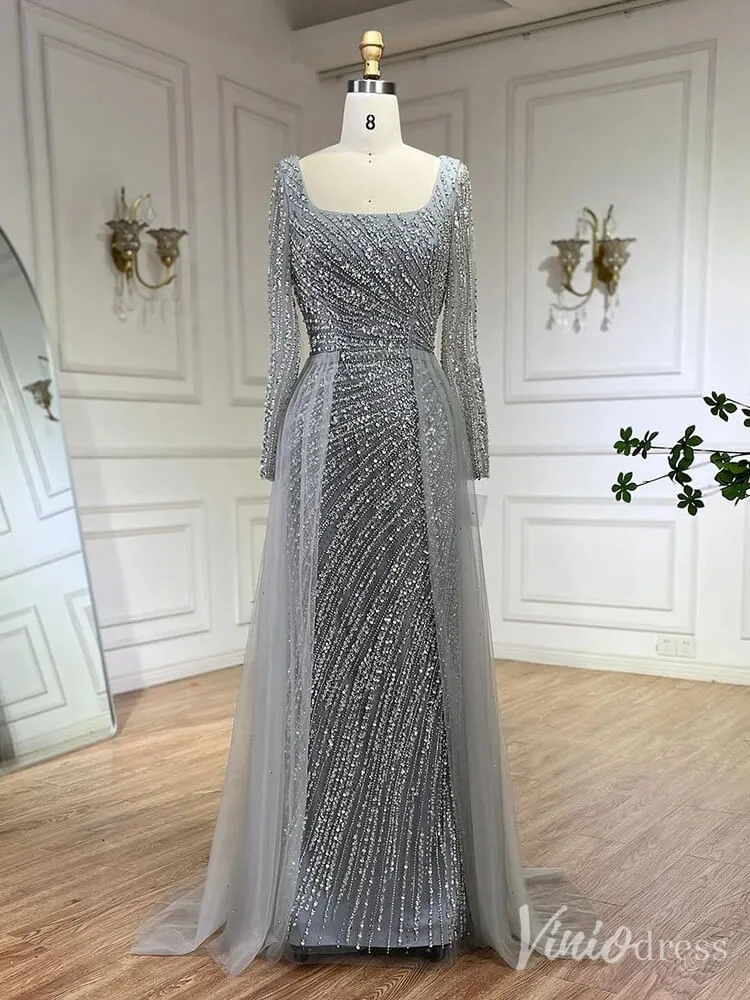 Silver Beaded Removable Overskirt Prom Dresses Mermaid Long Sleeve Pageant Dress 20229