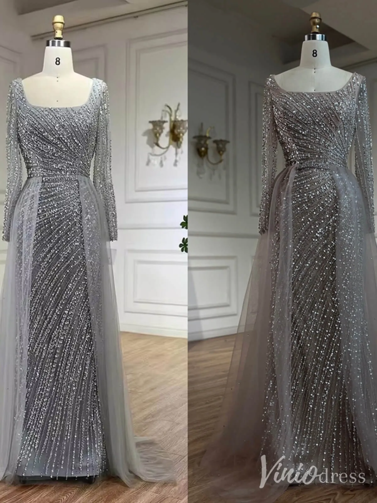 Silver Beaded Removable Overskirt Prom Dresses Mermaid Long Sleeve Pageant Dress 20229