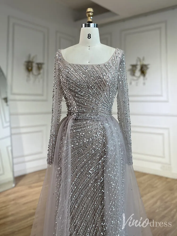 Silver Beaded Removable Overskirt Prom Dresses Mermaid Long Sleeve Pageant Dress 20229