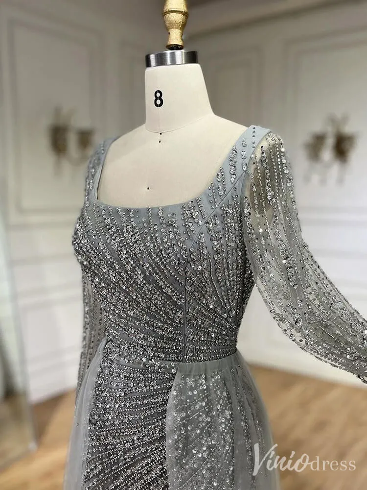 Silver Beaded Removable Overskirt Prom Dresses Mermaid Long Sleeve Pageant Dress 20229