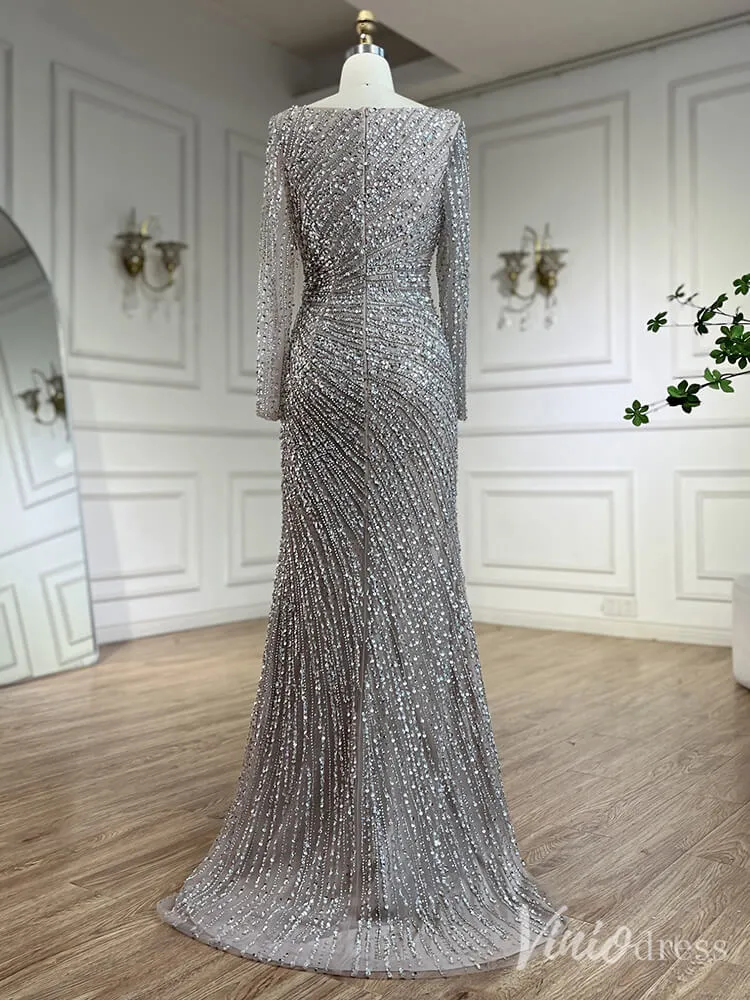 Silver Beaded Removable Overskirt Prom Dresses Mermaid Long Sleeve Pageant Dress 20229