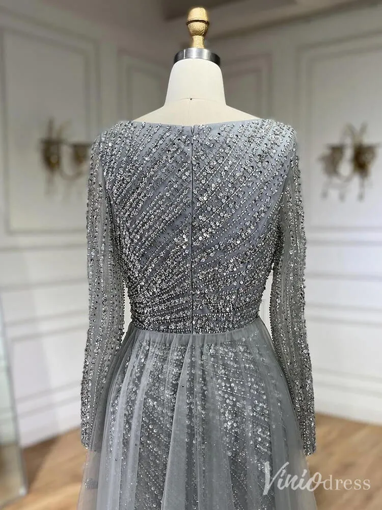 Silver Beaded Removable Overskirt Prom Dresses Mermaid Long Sleeve Pageant Dress 20229