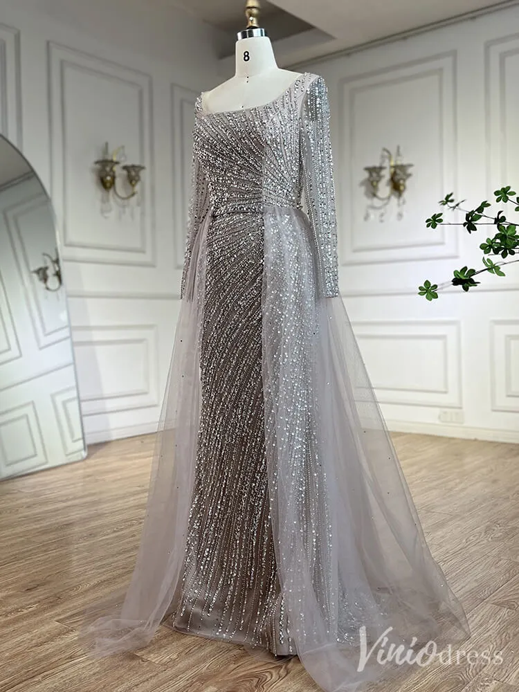 Silver Beaded Removable Overskirt Prom Dresses Mermaid Long Sleeve Pageant Dress 20229