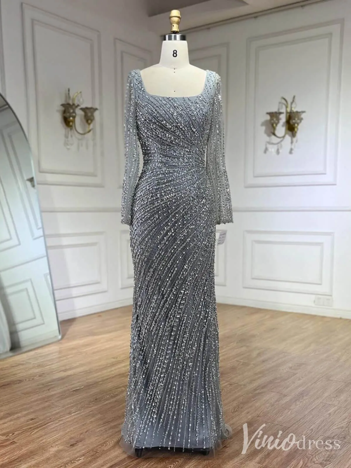 Silver Beaded Removable Overskirt Prom Dresses Mermaid Long Sleeve Pageant Dress 20229