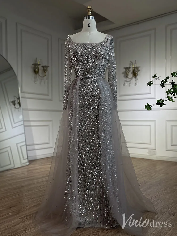 Silver Beaded Removable Overskirt Prom Dresses Mermaid Long Sleeve Pageant Dress 20229