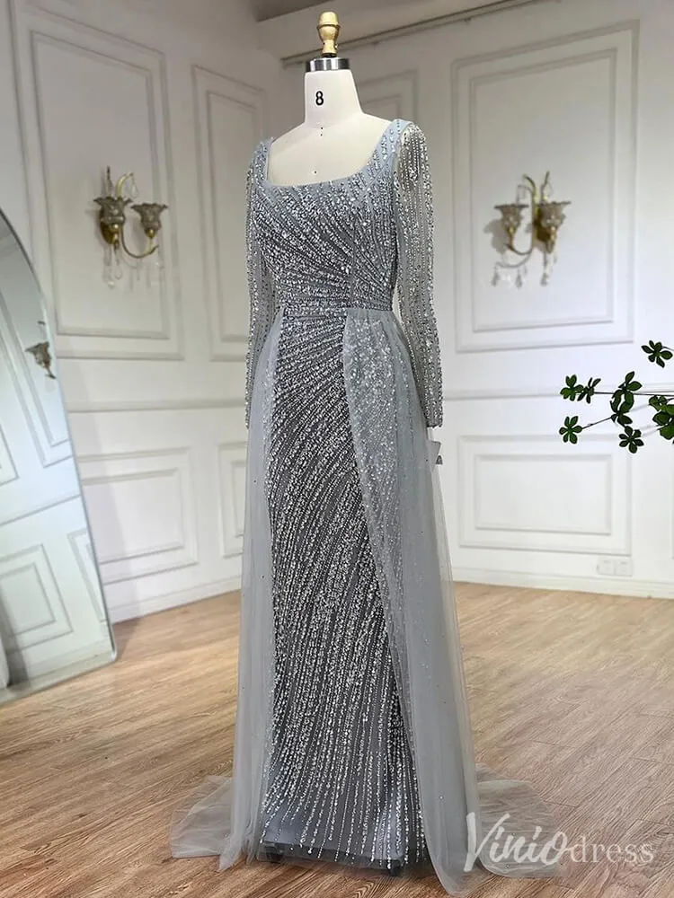 Silver Beaded Removable Overskirt Prom Dresses Mermaid Long Sleeve Pageant Dress 20229