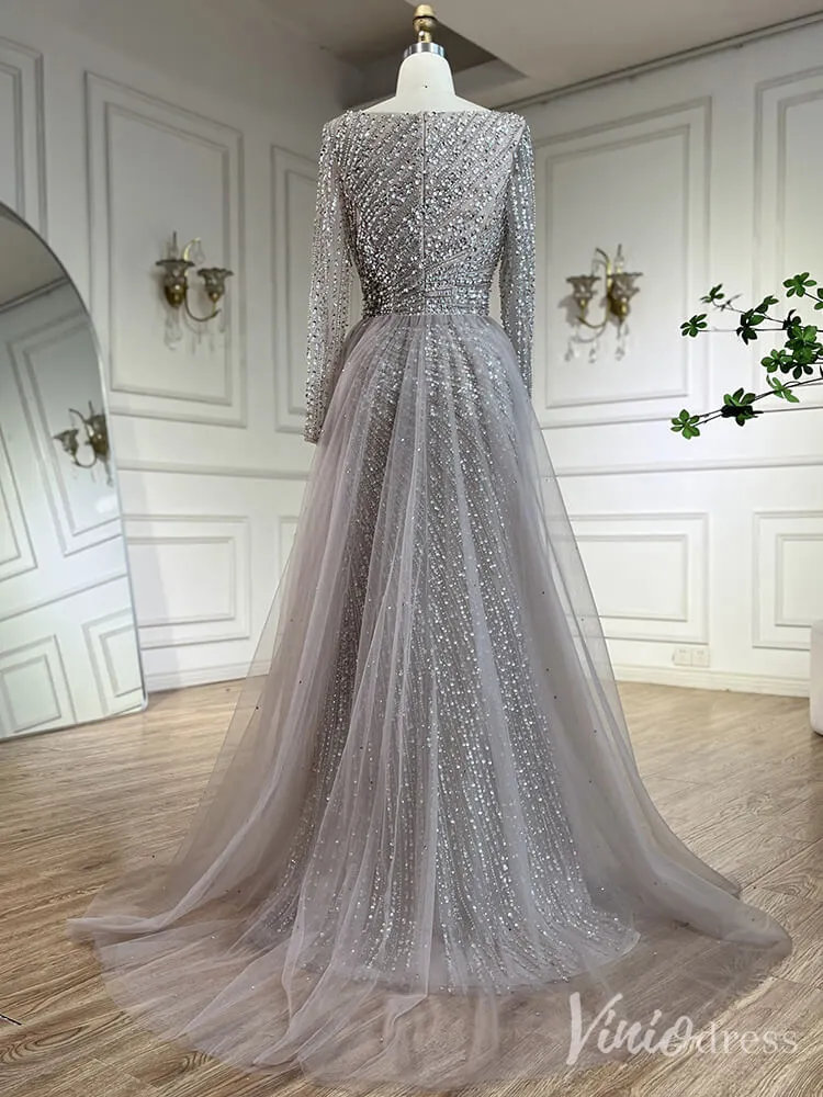 Silver Beaded Removable Overskirt Prom Dresses Mermaid Long Sleeve Pageant Dress 20229