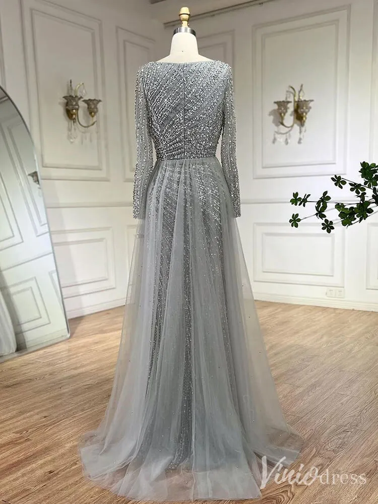 Silver Beaded Removable Overskirt Prom Dresses Mermaid Long Sleeve Pageant Dress 20229