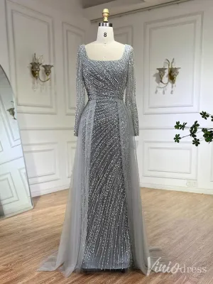 Silver Beaded Removable Overskirt Prom Dresses Mermaid Long Sleeve Pageant Dress 20229