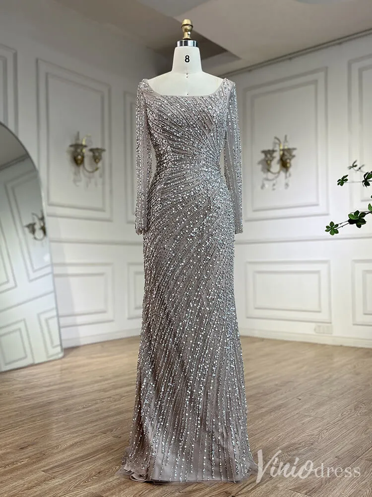 Silver Beaded Removable Overskirt Prom Dresses Mermaid Long Sleeve Pageant Dress 20229