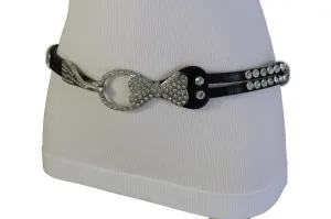 Silver Metal Western Skinny Black Belt Bow Double Bling Buckle