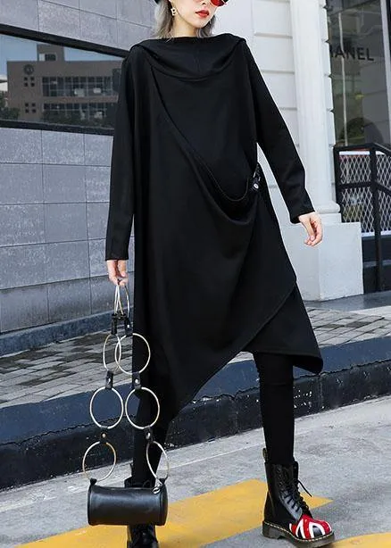Style asymmetric Cotton dresses Sewing black Dresses fall