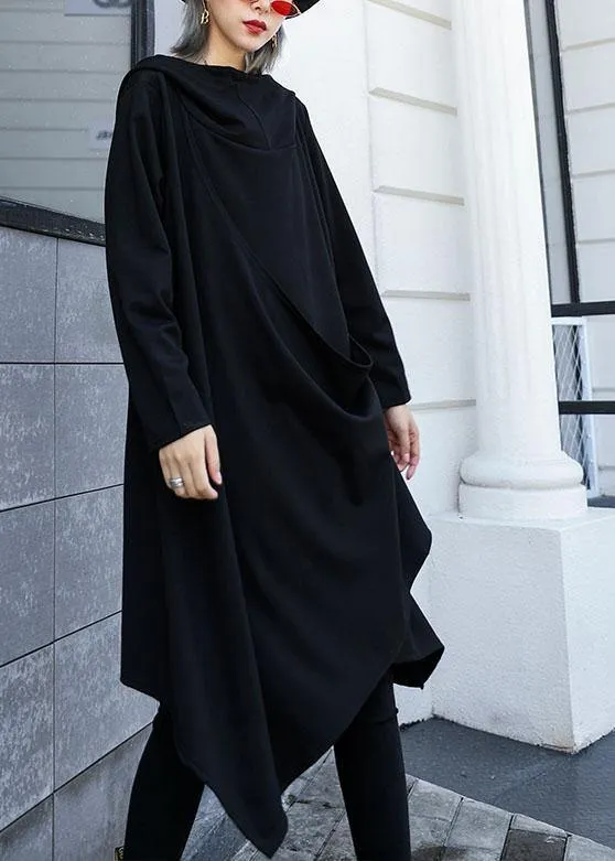Style asymmetric Cotton dresses Sewing black Dresses fall