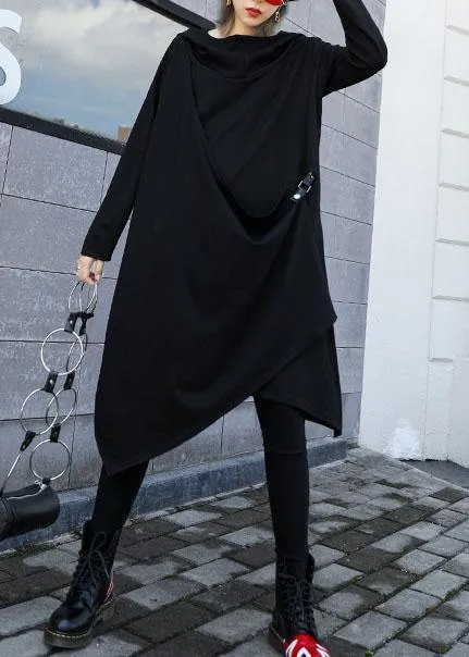 Style asymmetric Cotton dresses Sewing black Dresses fall