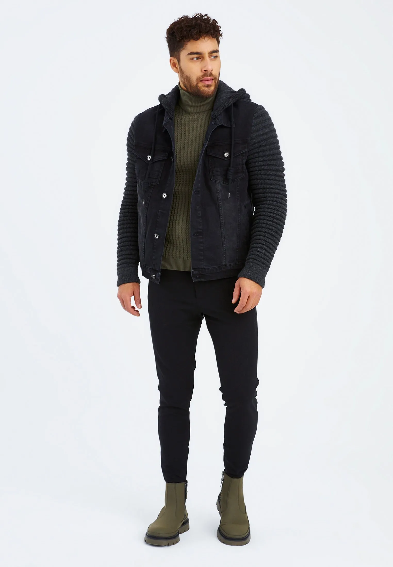 Stylish Denim Jacket With Knitted Sleeves And Hood