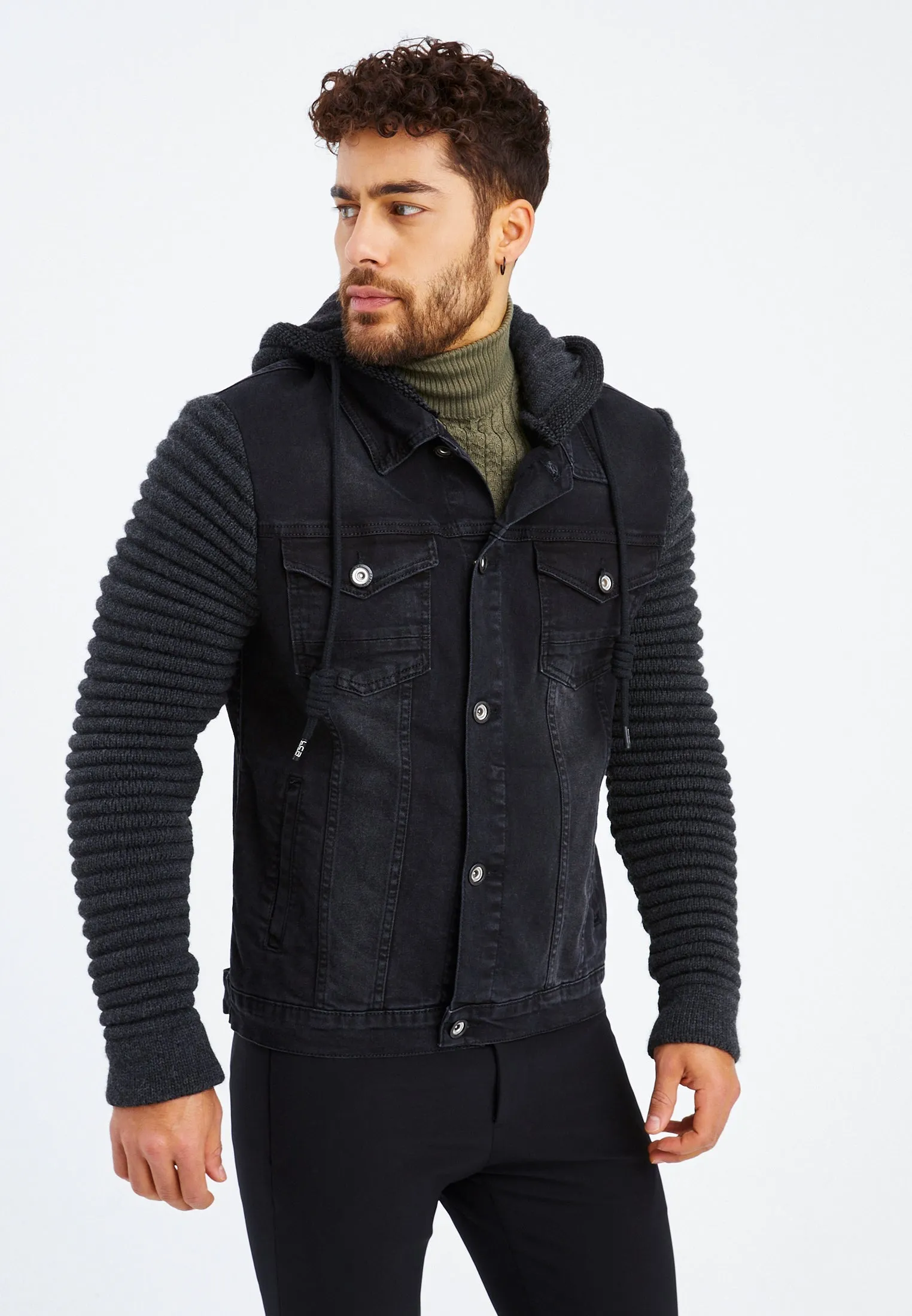 Stylish Denim Jacket With Knitted Sleeves And Hood