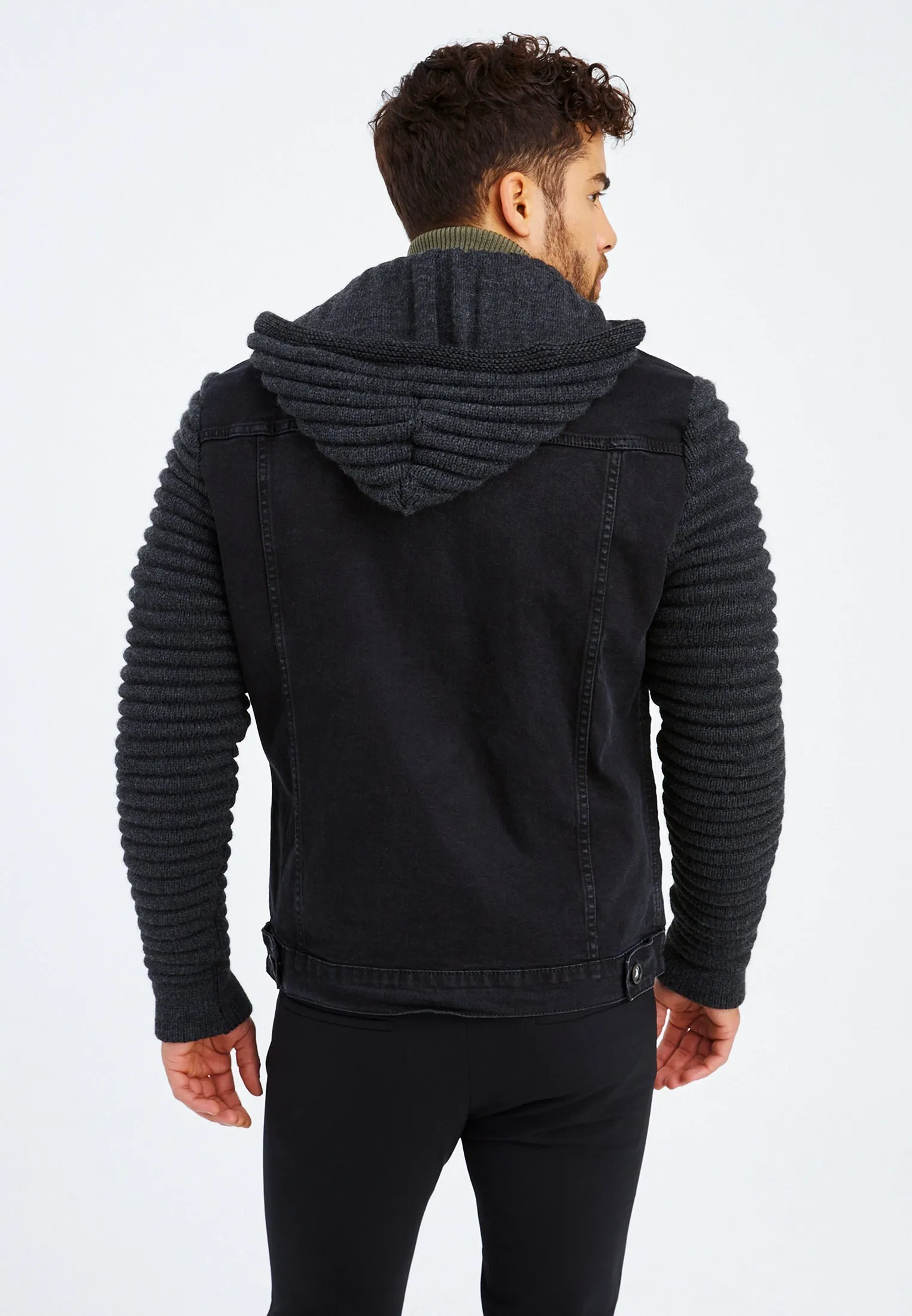 Stylish Denim Jacket With Knitted Sleeves And Hood