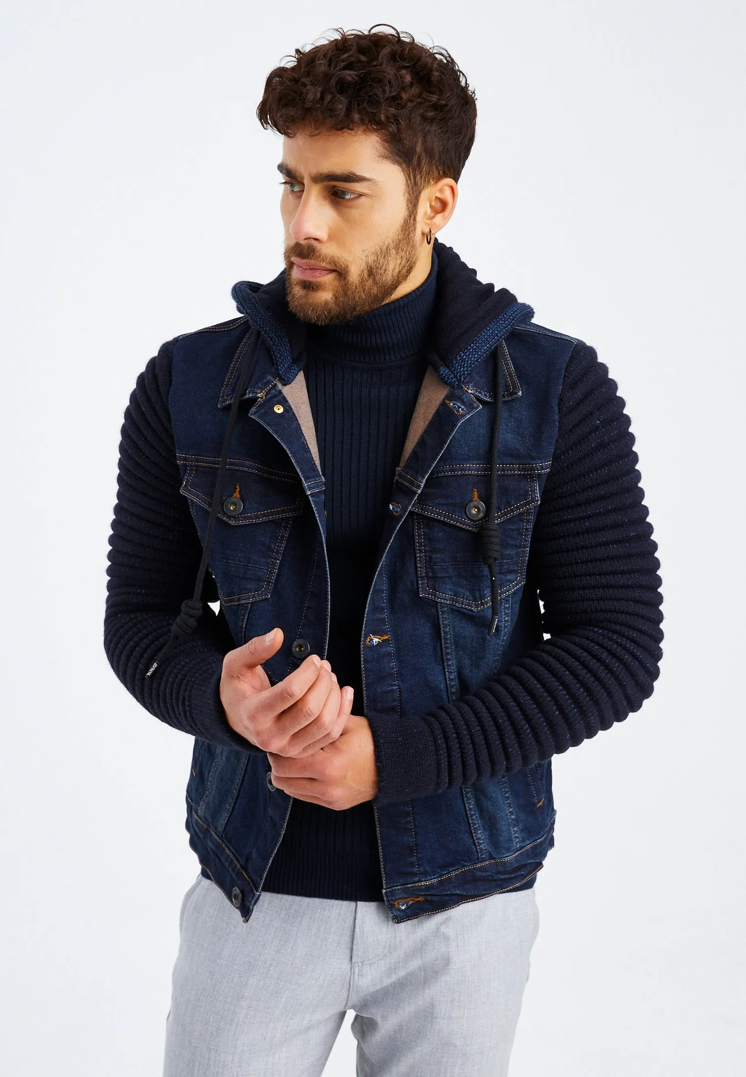 Stylish Denim Jacket With Knitted Sleeves And Hood