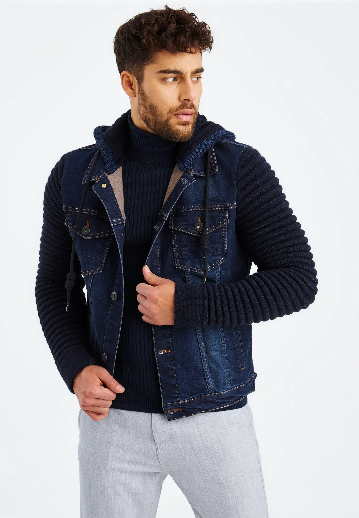 Stylish Denim Jacket With Knitted Sleeves And Hood