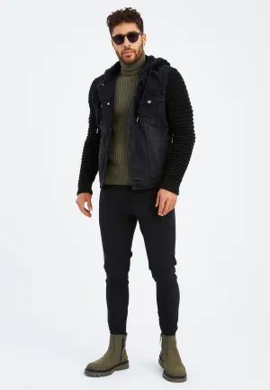 Stylish Denim Jacket With Knitted Sleeves And Hood