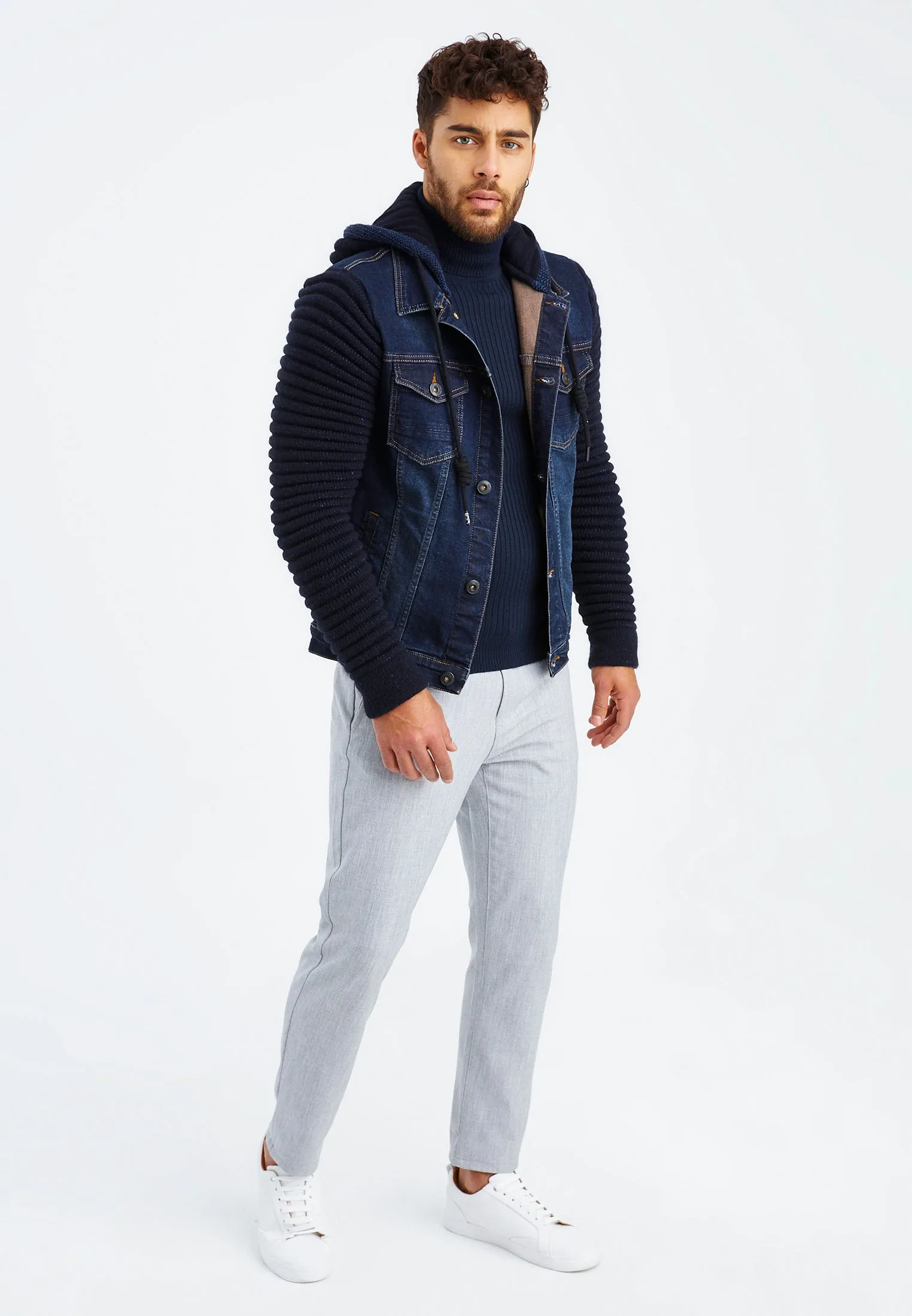 Stylish Denim Jacket With Knitted Sleeves And Hood