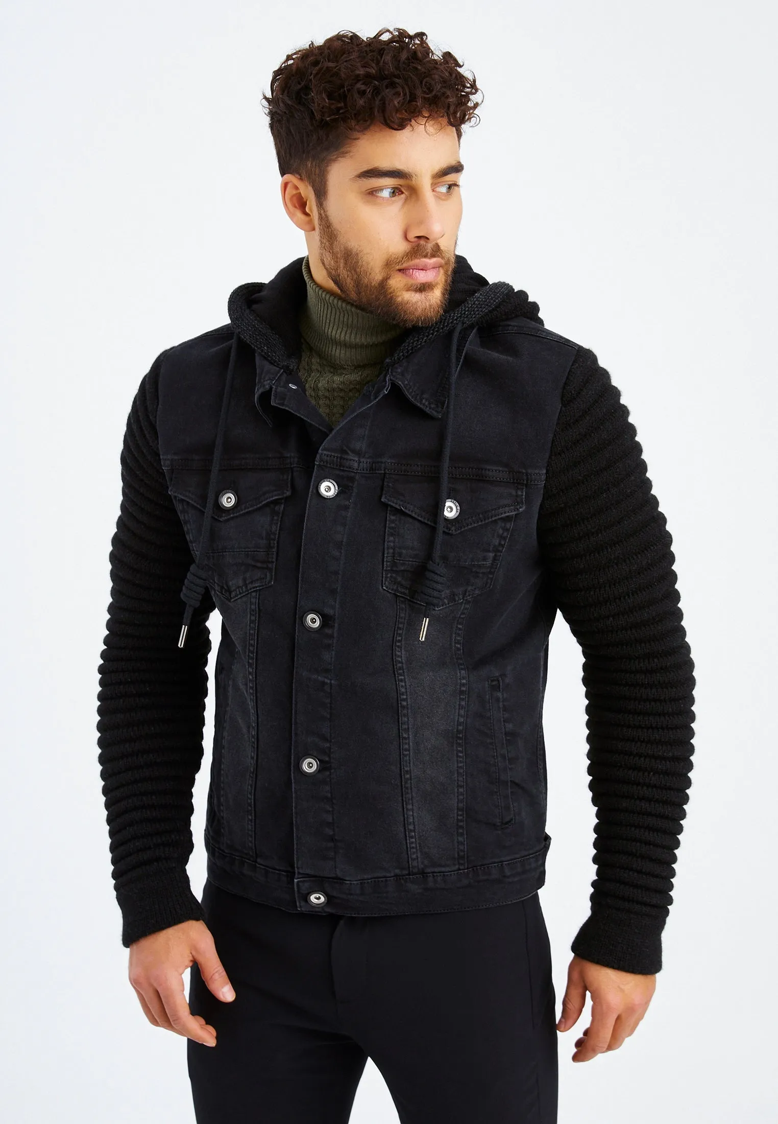 Stylish Denim Jacket With Knitted Sleeves And Hood